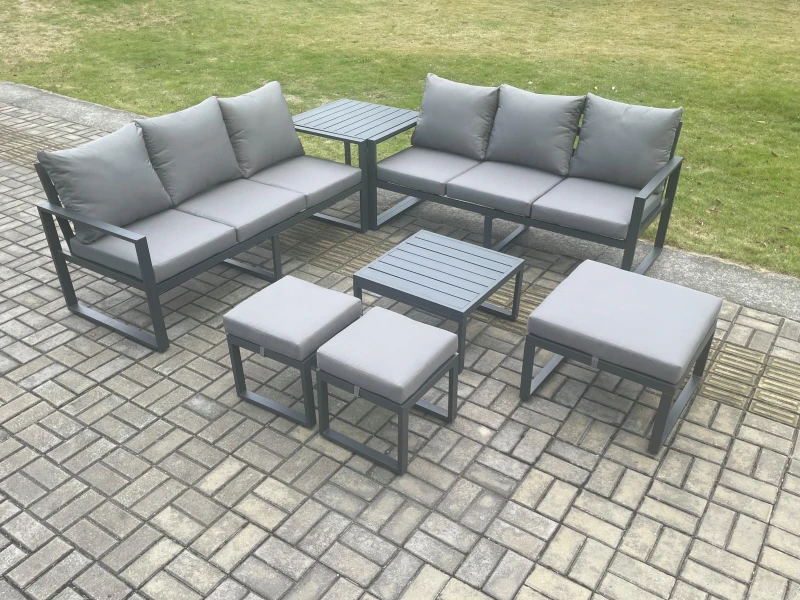 Image of Fimous Aluminium 9 Seater Outdoor Garden Furniture Lounge Sofa Set with Square Coffee Table 3 Footstools Side Table Dark Grey Dark Grey Unisex