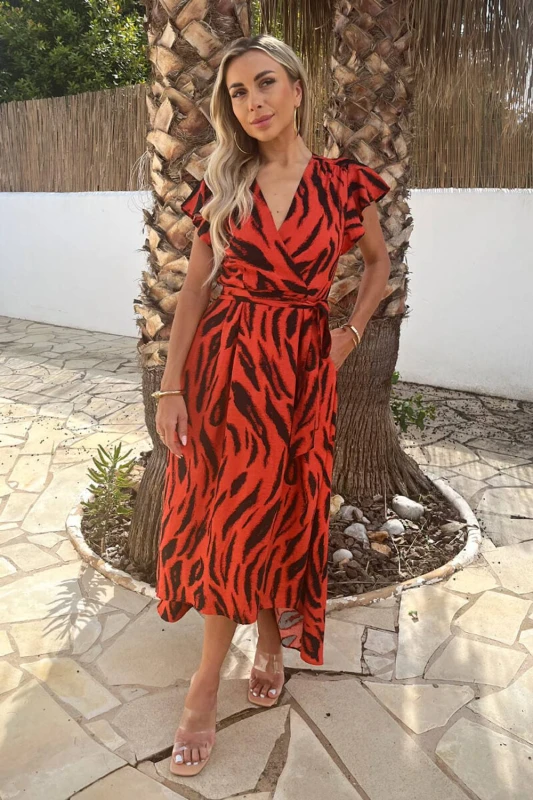 Image of AX Paris Womens Orange Tiger Print Flutter Sleeve Belted Wrap Midi Dress Size: 8 Orange Female 8