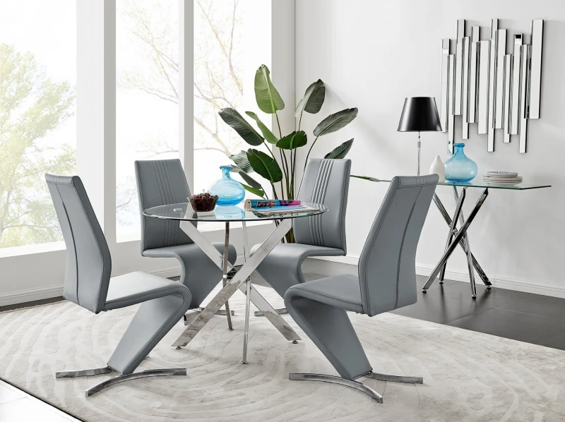 Image of FurnitureboxUK FurnitureboxUK Novara Round 100cm Chrome Metal And Glass Dining Table And 4 Willow Dining Chairs Set in Grey Grey One Size Unisex 50565