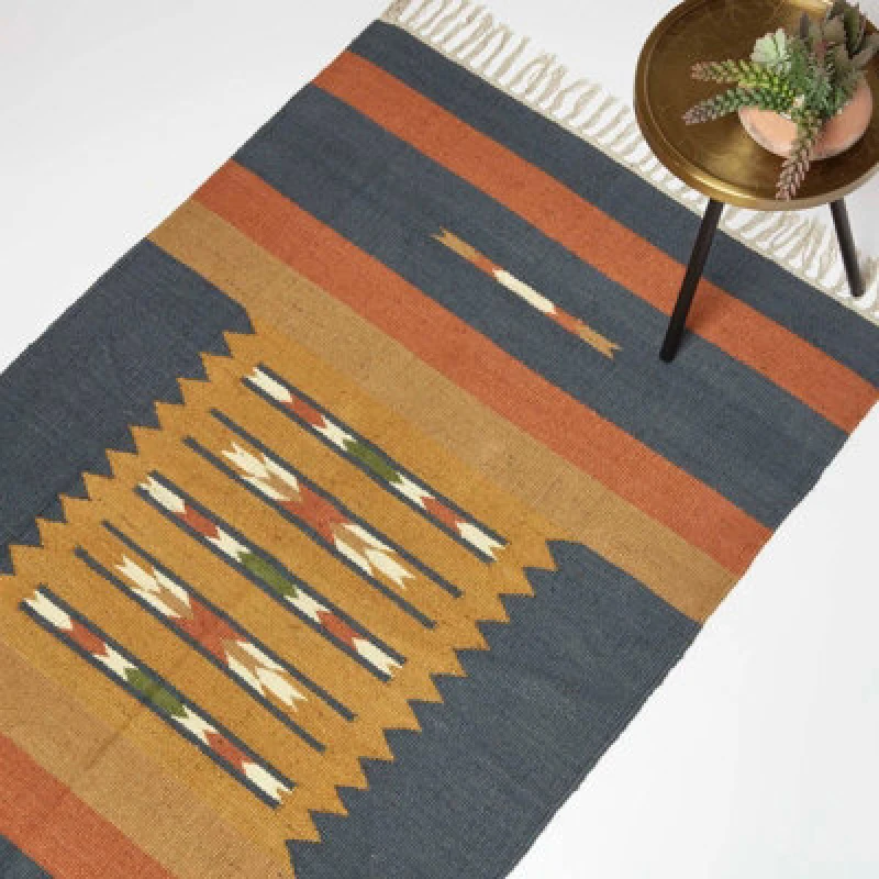 Image of Homescapes Lundi Orange & Blue Kilim Cotton & Jute Rug Orange