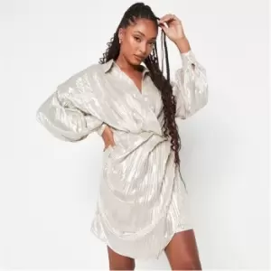 image of Missguided Metallic Plisse Wrap Front Shirt Mini Dress - Gold