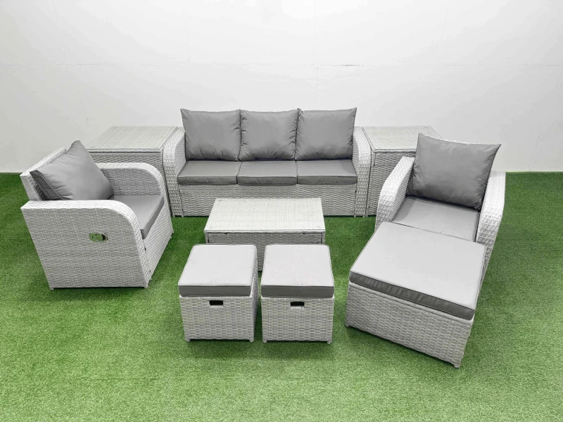 Image of Fimous PE Rattan Garden Furniture Set Reclining Chair Sofa Lounge Sofa Set Oblong Coffee Table 2 Side Table 3 Stools Light Grey Light Grey
