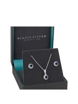 image of Simply Silver Sterling Silver Sapphire & Cubic Zirconia Halo Earrings & Pendant Set, Silver, Women