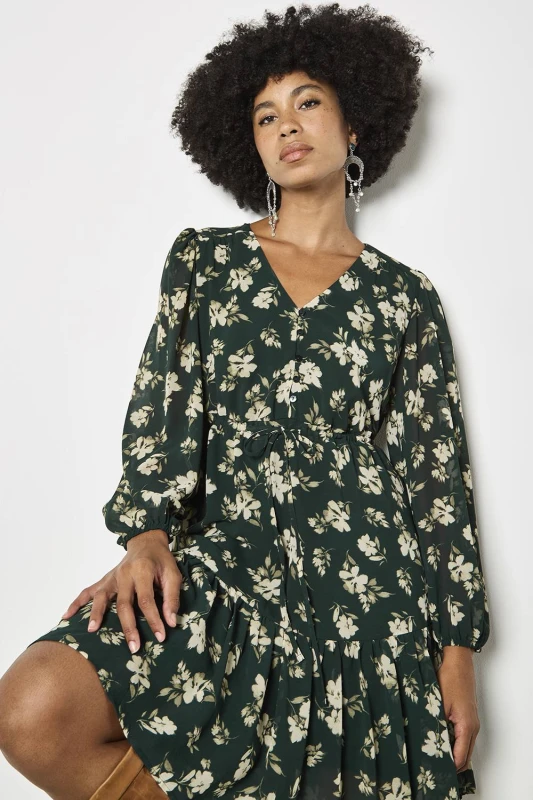 Image of Apricot Womens Chiffon Floral Print Mini Dress in Green Size: 14 Green Female 14