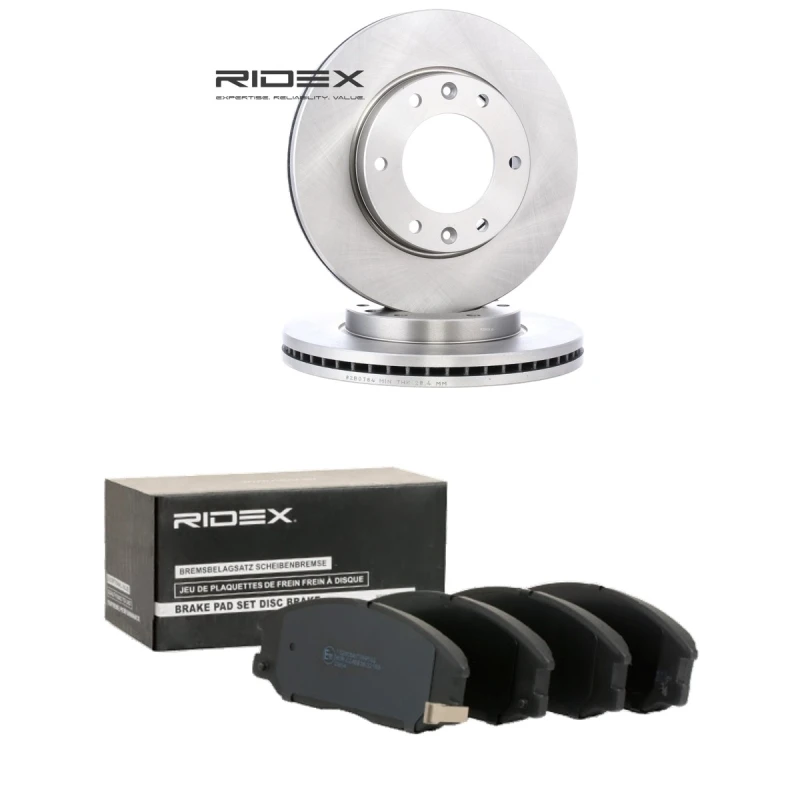 Image of RIDEX 3405B2926 Brake disc and pads set Front Axle, Brake Disc Type: internally vented, with acoustic wear warning Brake Set,disc brakes (3405)