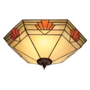 Image of Nevada 2 Light Large Ceiling Flush Light Dark Bronze, Tiffany Glass, E27