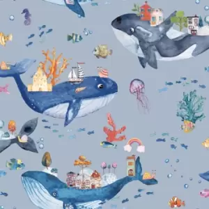 image of Holden Decor Whale Town Blue Wallpaper