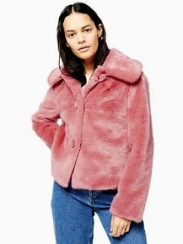 Image of Topshop Faux Fur Button Up Short Jacket, Rose, Size 14, Women