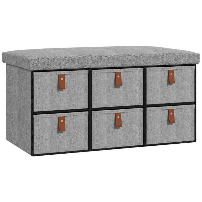 Image of HOMCOM Shoe Bench with Cushioned Seat, 6 Fabric Drawers 837-465V70LG