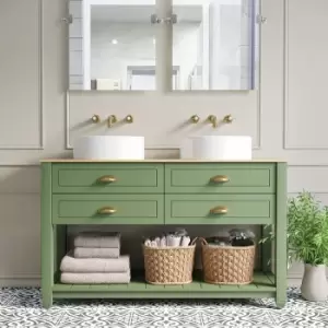 image of 1250mm Green Countertop Double Vanity Unit with Wood Effect Top and Basins - Kentmere