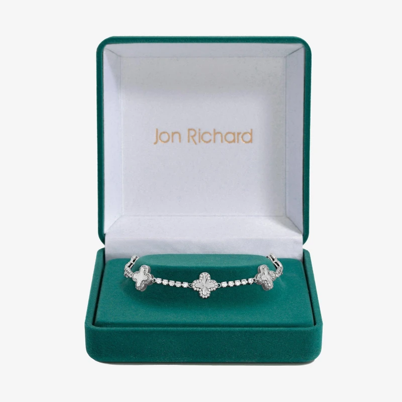 Image of Jon Richard Rhodium Plated Station Clover Bracelet - Gift Box Huggie Earrings One Size Silver 38545311000