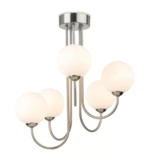 image of Lyndon 5 Light Globe Flush Fitting Brushed Steel with Opal White Glass