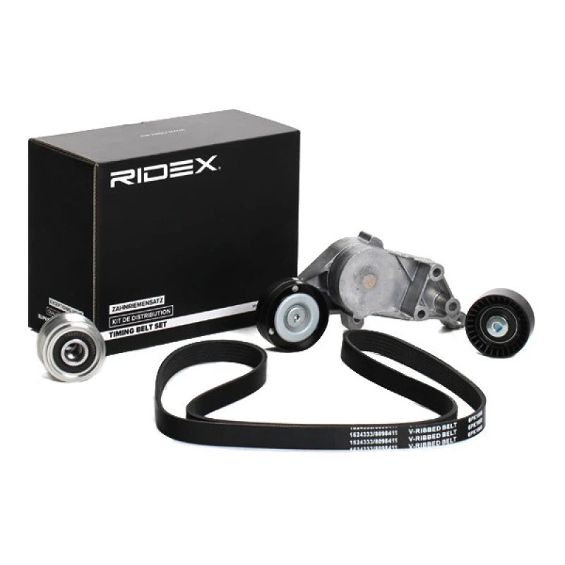 Image of RIDEX 542R0660 V-ribbed belt set Check alternator freewheel clutch & replace if necessary, Pulleys: with freewheel belt pulley V-Ribbed Belt Set (542