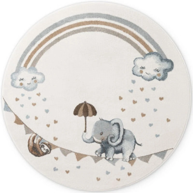 Image of The Rugs Villeroy And Boch Elephant Rainbow Boho Kids Round Rug In Cream