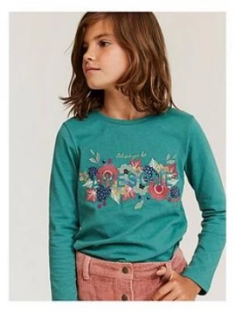 Image of FatFace Girls Long Sleeve Awesome T-Shirt - Dark Mint Size Age: 9-10 Years, Women