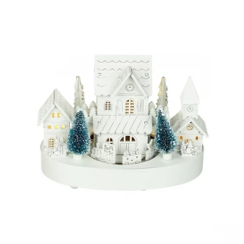 Image of Wooden Light Up Houses And Glitter Trees With Rotating Train
