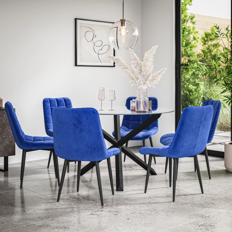 Image of More4Homes Malvern Round Dining Table And Chairs - Clear Glass Table Top W Solid Black Oak Legs + Nova Velvet Dining Chair Set Of 6 (Blue)