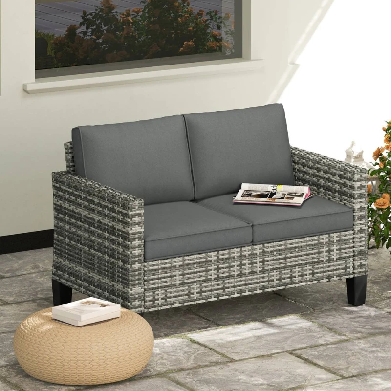 Image of Outsunny Rattan Sofa with Cushions, 2 Seater Garden Furniture, Light Grey Light Grey