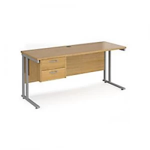 Image of Rectangular Straight Desk Oak Wood Cantilever Legs Silver Maestro 25 1600 x 600 x 725mm 2 Drawer Pedestal