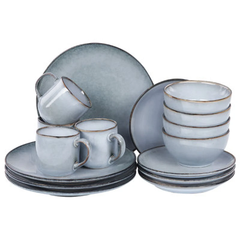 Image of Beliani Set Of 16 Dinnerware Juniper Stoneware Light Blue