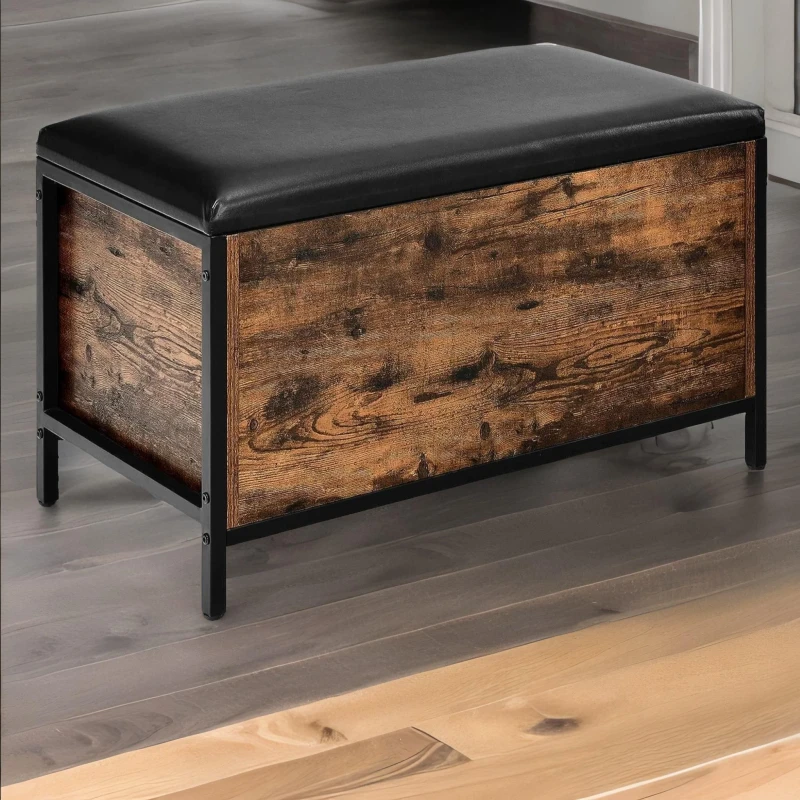 Image of Rafaelo Mobilia Industrial Rustic Brown Shoe Storage Bench With Cushioned Seat & Hidden Storage in Dark Brown Dark Brown Unisex