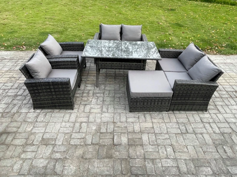 Image of Fimous Rattan Garden Furniture Set 7 Seater Patio Outdoor Lounge Sofa Set with Oblong Dining Table Double Seat Sofa in Dark Grey Dark Grey Unisex