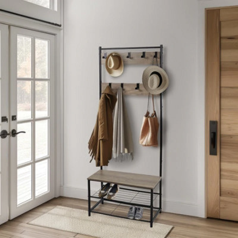 Image of House of Home Coat Rack Stand with Shoe Storage Bench 9 Hooks Rustic Light Brown Entrance Hall House of Home Brown unisex