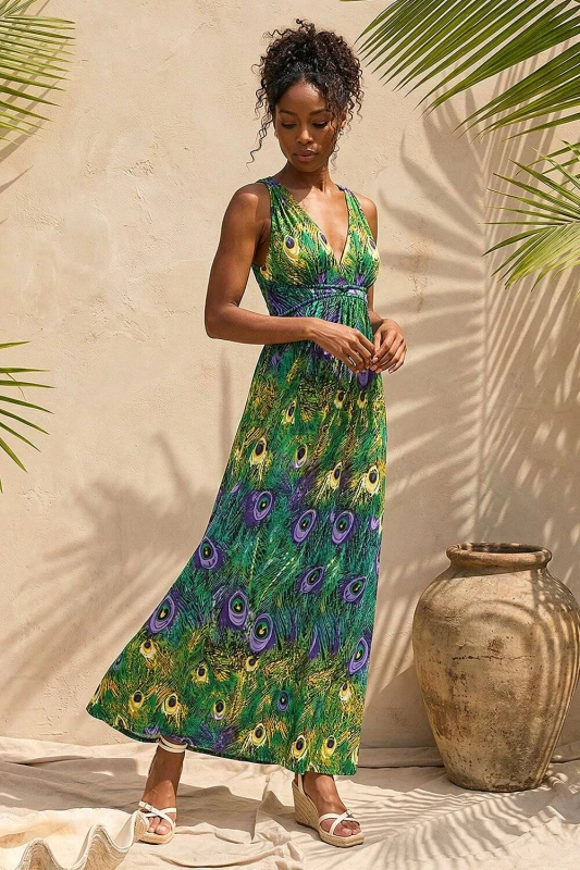 Image of Roman Womens Peacock Printed Stretch Maxi Dress in Green Size: 16 Green Female 16