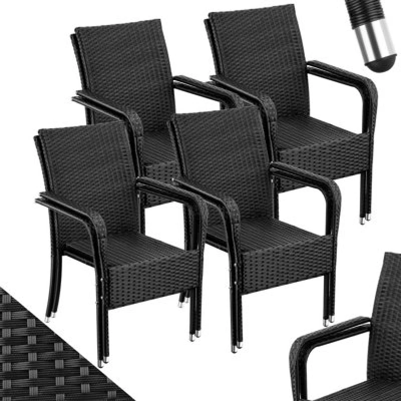 Image of Tectake Rattan Garden Chair Girona - Polyrattan & Steel, Weather & Sun Resistant, Stackable - Black - Set Of 8