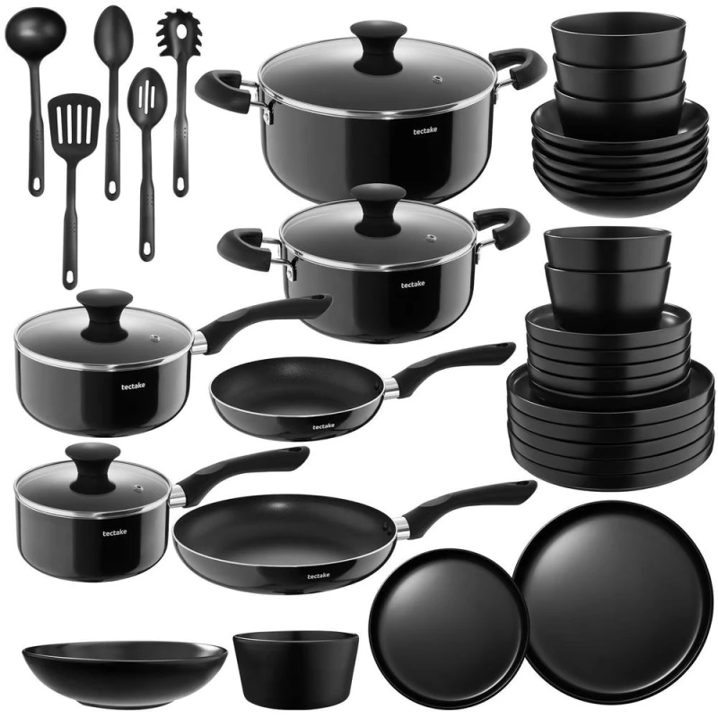 Image of Tectake Dinnerware Set For 6 People With Plates, Bowls, Utensils, Pots And Pans - Black