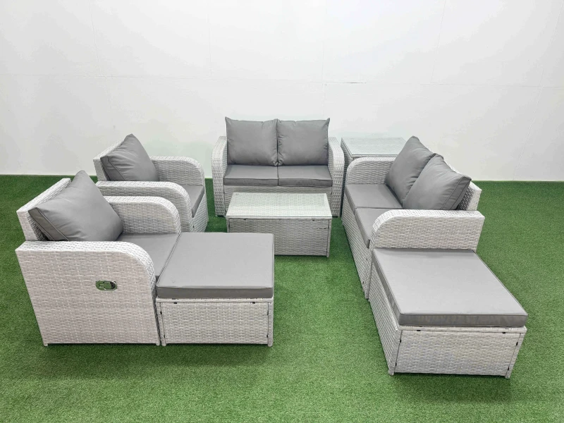 Image of Fimous 8 Seater Outdoor Reclining Chair Love Sofa Set Rattan Garden Furniture Set with Rectangular Coffee Table 2 Big FootStools Side Table Light Gre