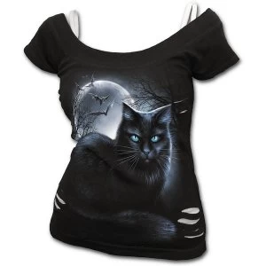 image of Mystical Moonlight Womens Large 2In1 White Ripped Top - Black