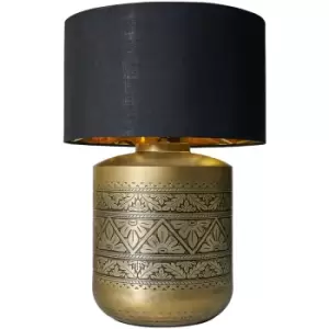 image of Minisun - Gold Floral Table Lamp with Large Lampshade - Black & Gold - No