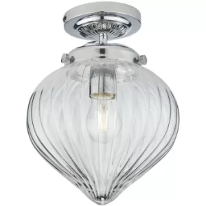 Image of Endon Cheston Semi Flush Ceiling Light Chrome, Clear Ribbed Glass Globe Shade, IP44