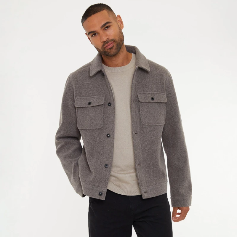 Image of Threadbare Threadbare Men 'Crunch' Brushed Button Up Shacket in Taupe Size: Medium Taupe M Male 7625915020030