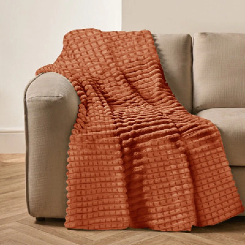 Image of Velosso Elegant Waffle Style Ribbed Thermal Plush Throw - Cosy Winter Embossed Fur Blanket For Sofa, Bed - 200Cm X 240Cm - Rust
