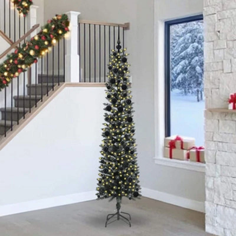 Image of vidaXL Artificial Christmas Tree with 300 LEDs, Black Balls Green 58 x 58 x 240 cm, Green 3395965