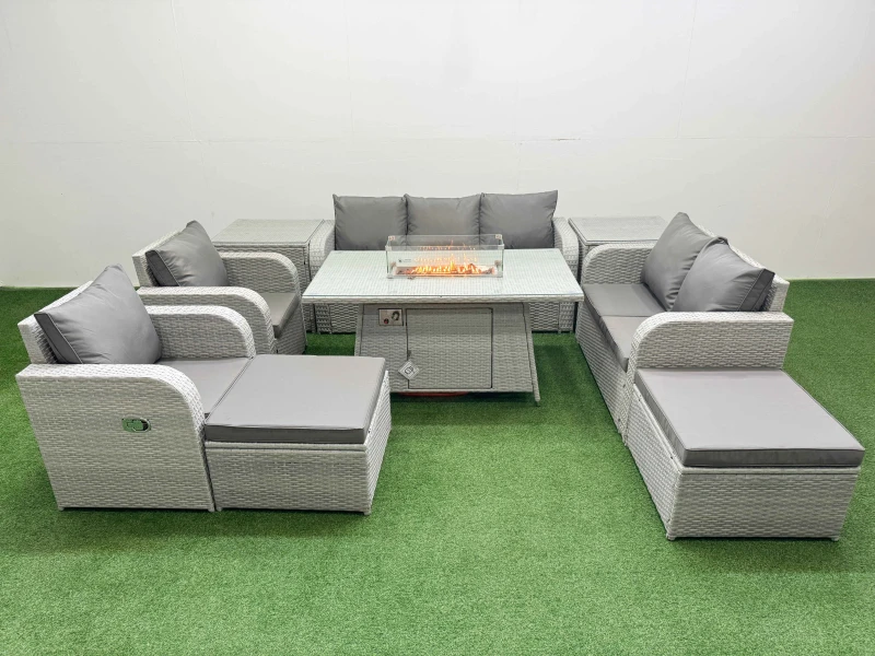 Image of Fimous PE Rattan Garden Furniture Set Reclining Chair Sofa Double Love Seat 2 Seater Sofa Lounge Set Firepit Dining Table 2 Big Footstool 2 Side Table
