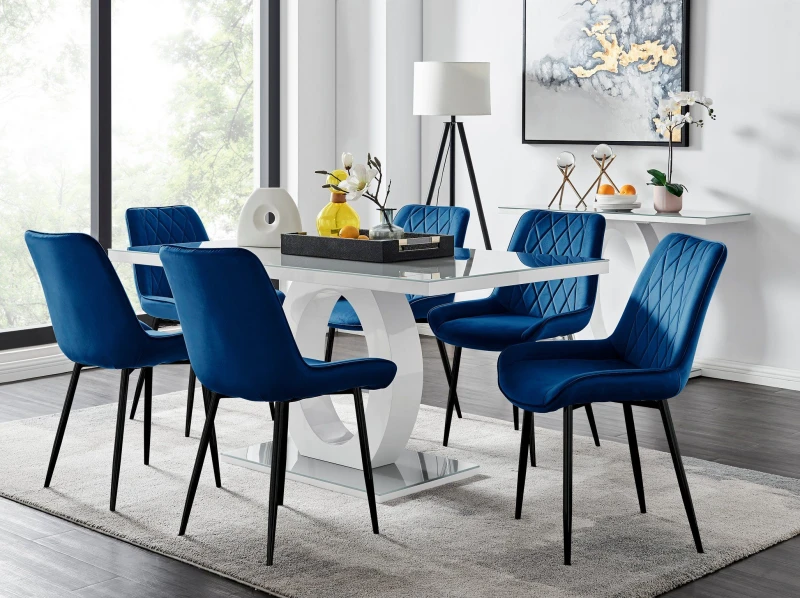 Image of FurnitureboxUK FurnitureboxUK Giovani 6-Seater Grey Glass Dining Table and 6 Pesaro Soft Velvet Dining Chairs in Navy Navy One Size Unisex 50565426651