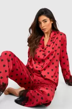 image of Oversized Lace & Satin Heart Pj Trouser Set