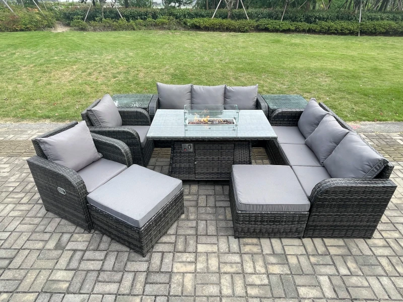 Image of Fimous Rattan Outdoor Furniture Gas Fire Pit Rectangle Dining Table Gas Heater Reclining Chair 3 Seater Sofa Sets with Side Table Dark Grey