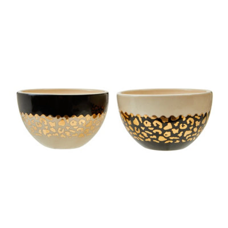 Image of Orsina Set Of 2 Stoneware Bowls With Leopard Pattern,golden Highlighted Bowls, Salad Bowls With Contrasting Borders
