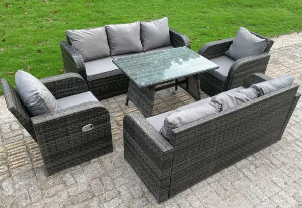 Image of Fimous 8 Seater Outdoor Dark Grey Rattan Lounge Complete Sofa Set with Dining Table, Reclining Arm Chairs, and Lounge Sofa
