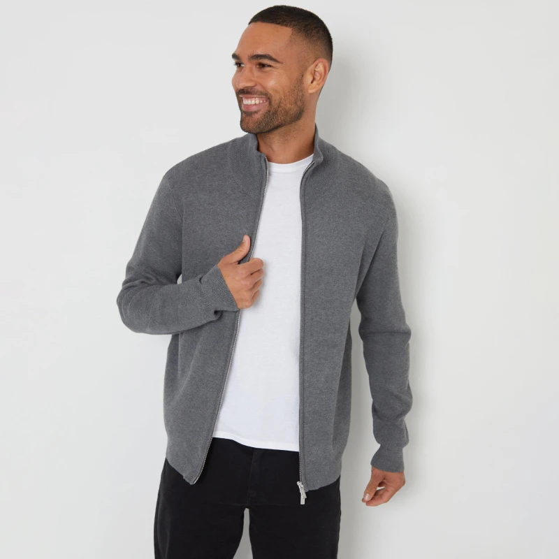 Image of Threadbare 'Wynnstay' Zip-Through Funnel Neck Knitted Cardigan Charcoal