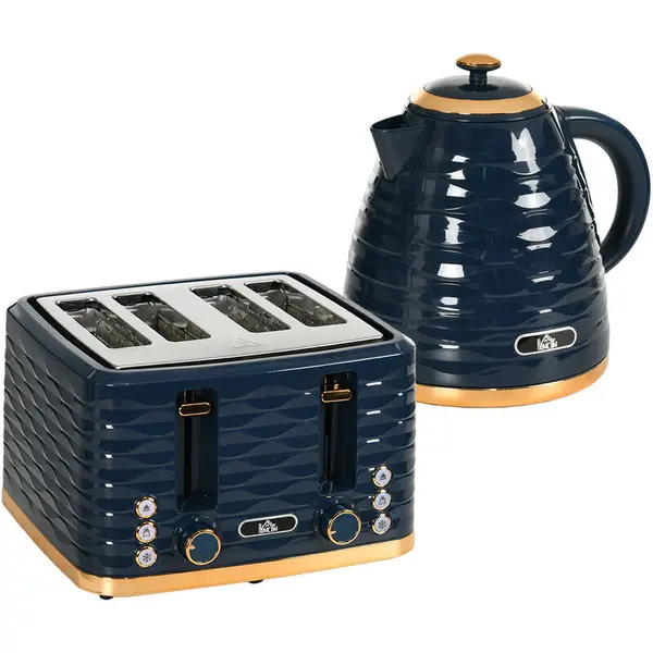 image of HOMCOM Kettle and Toaster Set 1.7L Rapid Boil Kettle & 4 Slice Toaster Blue - Blue - Homcom 5056725351786