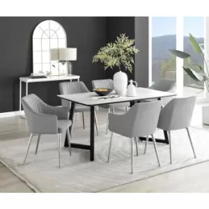 Image of Furniturebox Carson White Marble Effect Rectangular 160cm Dining Table & 6 Grey Calla Silver Leg Velvet Chairs