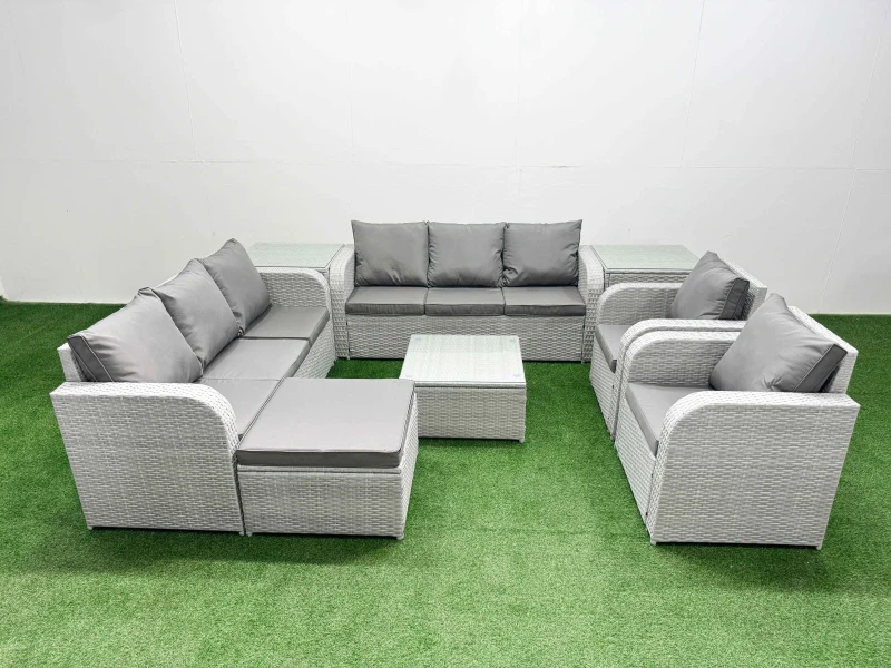Image of Fimous PE Rattan High Back Lounge Sofa Set Patio Square Coffee Table & Chairs Set with 3 Seater Sofa Reclining Chair Big Footstool 2 Side Table Light