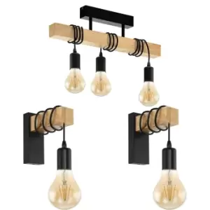 image of Ceiling Spot Light & 2x Matching Wall Lights Black & Wood Trendy Hanging Lamp