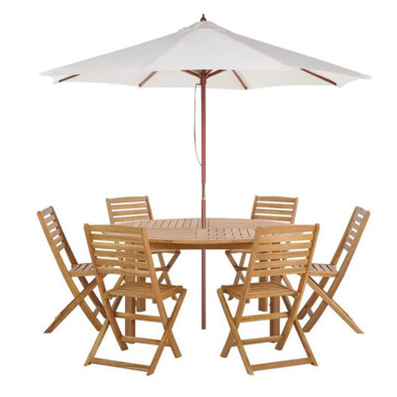 Image of Beliani Garden Dining Set 6 Seater Tolve With Parasol (12 Options) Acacia Wood Brown