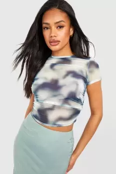 Image of Printed Mesh Cap Sleeve Ruched Side Top